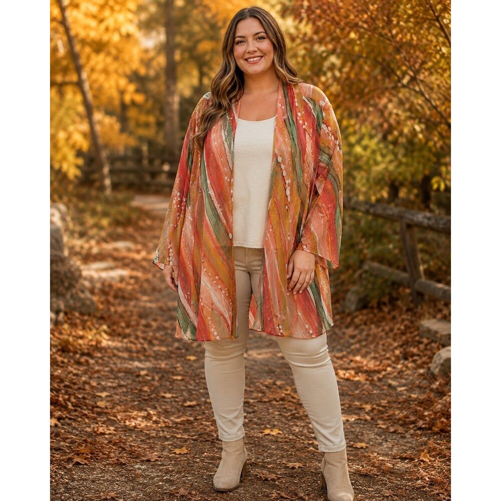 Art-To-Wear Autumn Watercolor Sheer Duster Cardigan Women’s Ali Miles Size L